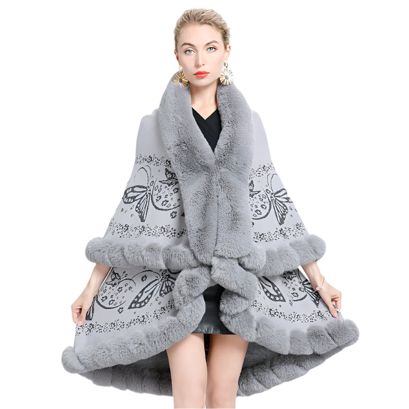 Two-Layered Winter Faux Fox Fur Collar Knitted Jacquard Weave Poncho Cardigan - JVMCL