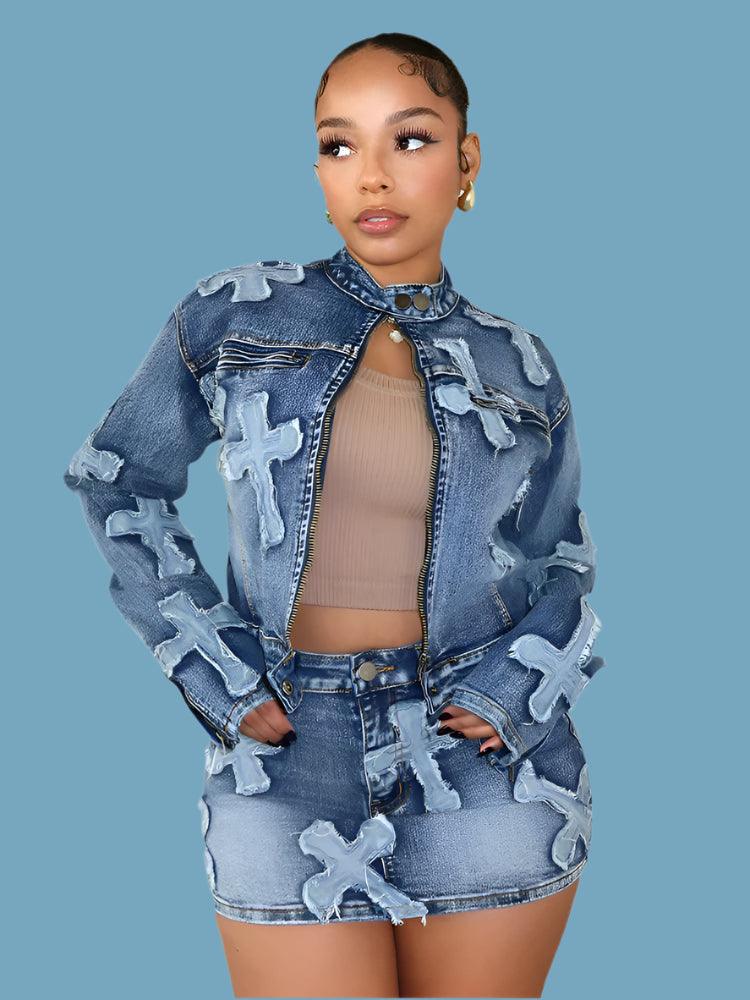 2 Piece Denim Sets for Women: Long Sleeve Zipper Jacket and Mini Skirt Set - JVMCL