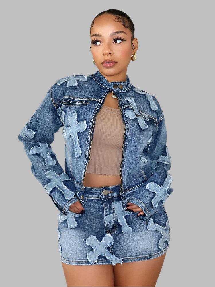 2 Piece Denim Sets for Women: Long Sleeve Zipper Jacket and Mini Skirt Set - JVMCL