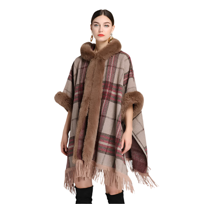 Winter Thick Plaid Poncho Tassel Cloak with Hood & Faux Rabbit Fur Collar