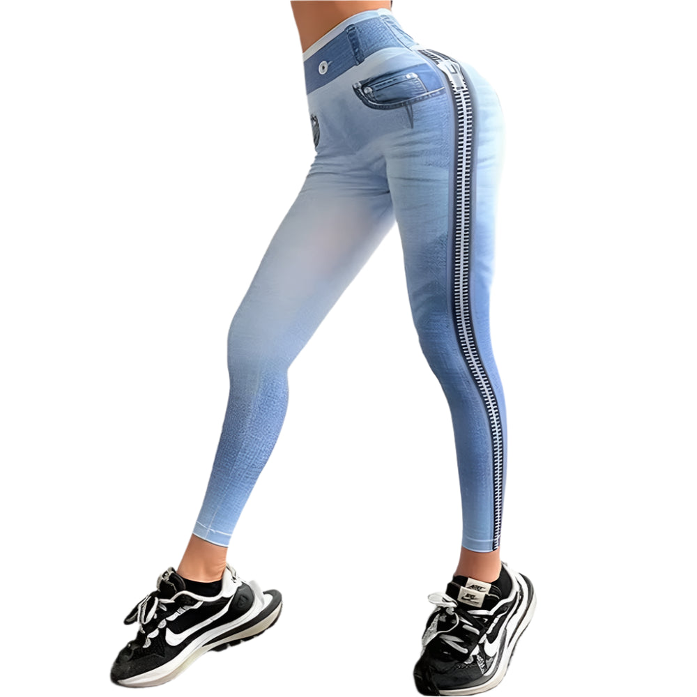 Zipper Denim Print High-Waist Push-Up Leggings – Stylish & Sporty Workout Tights - JVMCL