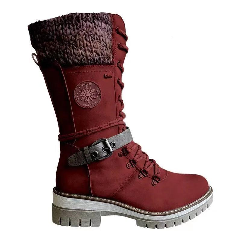 Women’s Winter Buckle Lace Knitted Mid-Calf Boots - JVMCL