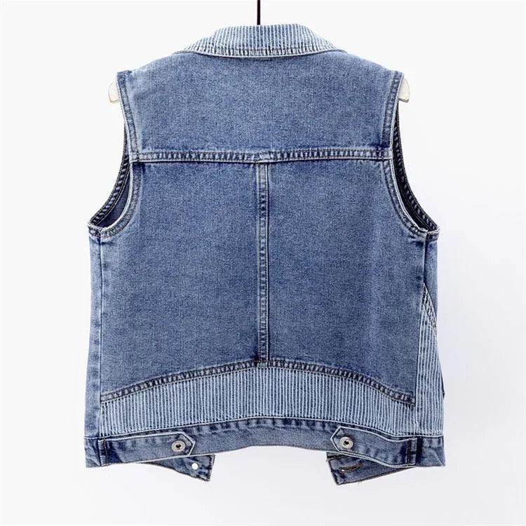 Women's Vintage Blue Stripe Spliced Denim Vest – Slim Fit Sleeveless Waistcoat