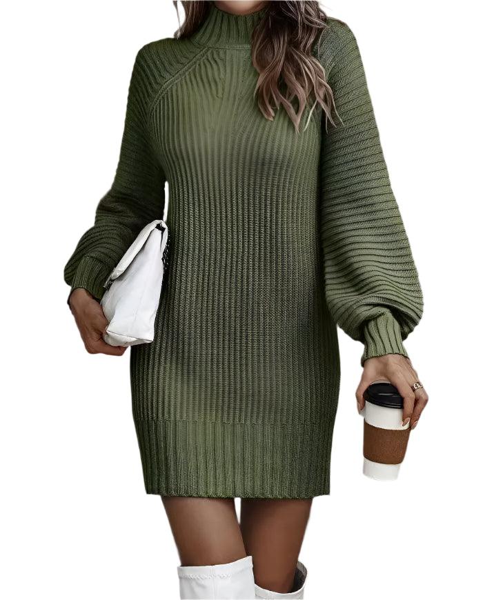 Office Lady Slim Fit Elegance Autumn/Winter High Neck Flare Sleeve Knit Dress - JVMCL