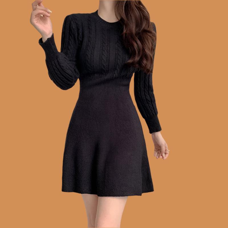 Chic Feminine Korea Winter Spring Women Office Lady O-Neck Knitted Sweater Dress - JVMCL