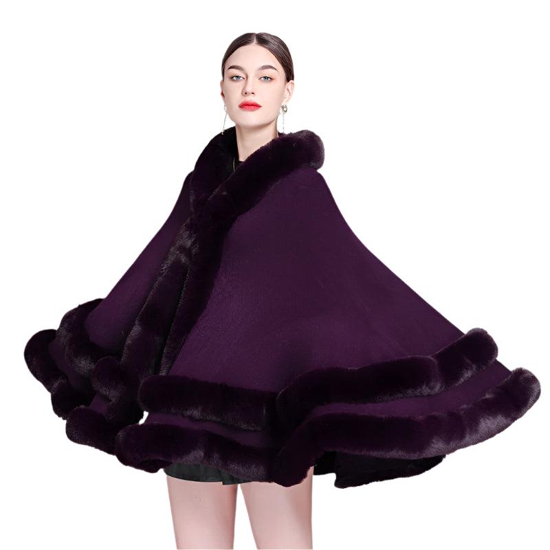 Double Layer Luxury Faux Rex Rabbit Fur Hooded Cape Knit Poncho Overcoat Wraps - JVMCL