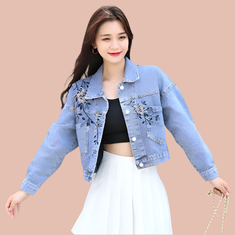 Women's Embroidered Denim Jacket – Stylish Preppy Loose-Fit Outerwear