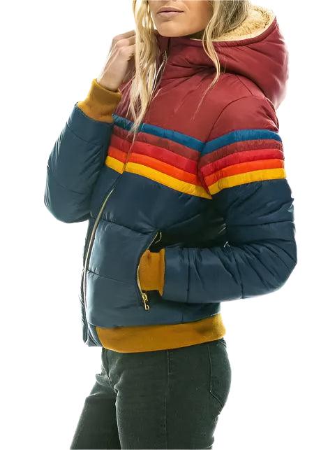 Women's Rainbow Print Winter Coat – Soft Plush Cotton Padded Wool Collar Jacket - JVMCL