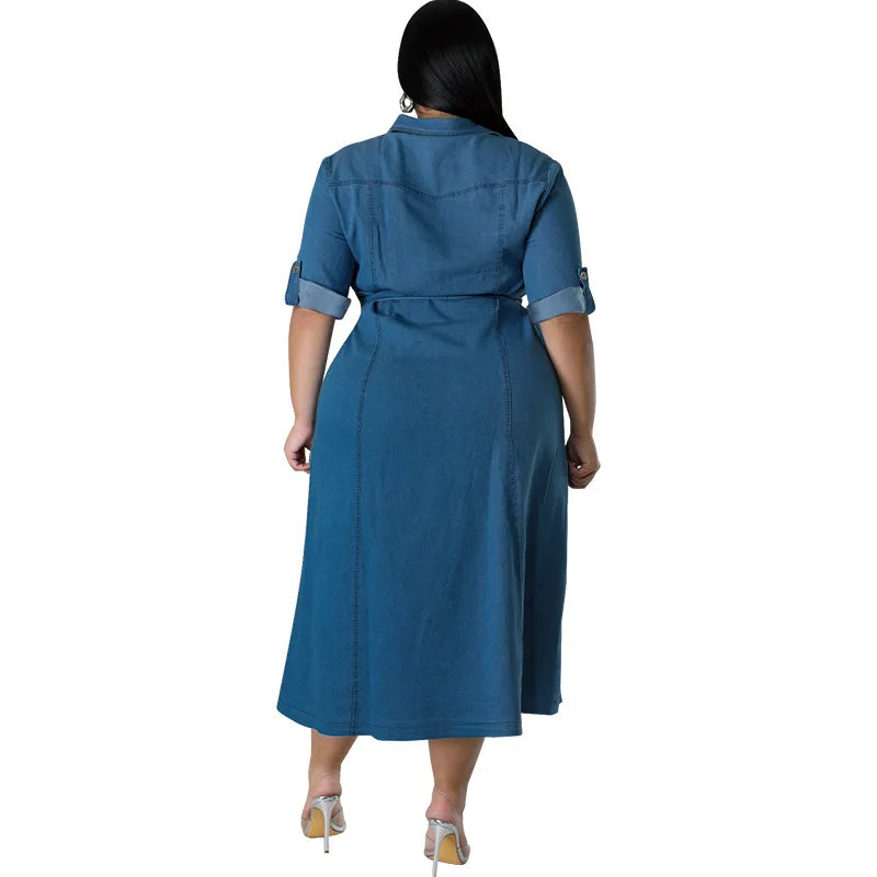 Plus Size Denim Midi Dress – Loose-Fit Street Style for Effortless Comfort