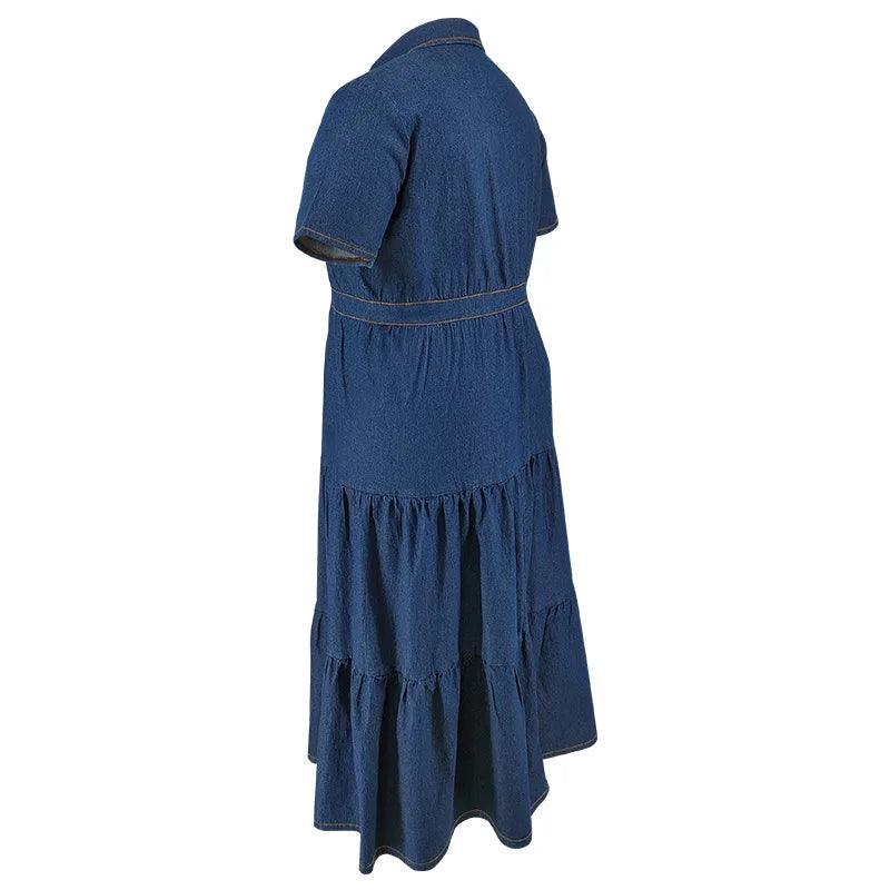 Short Sleeves Turn-Down Neckline Women’s High-Quality Denim Hollow-Out Dress - JVMCL