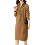 Autumn/Winter Medium Length Half Zipper Loose Casual Long Sleeve Trendy Knitted Dress - JVMCL