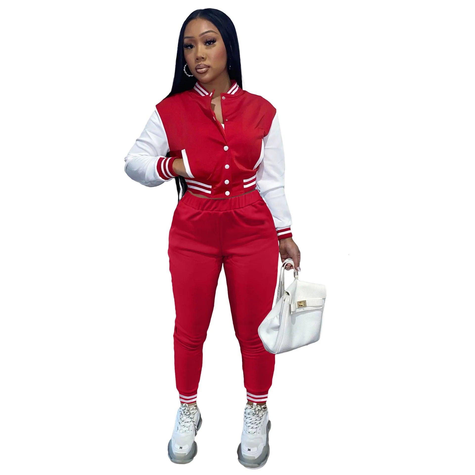 Autumn Two-Piece Women's Sports Suit - Baseball Jacket and Drawstring Pants - JVMCL