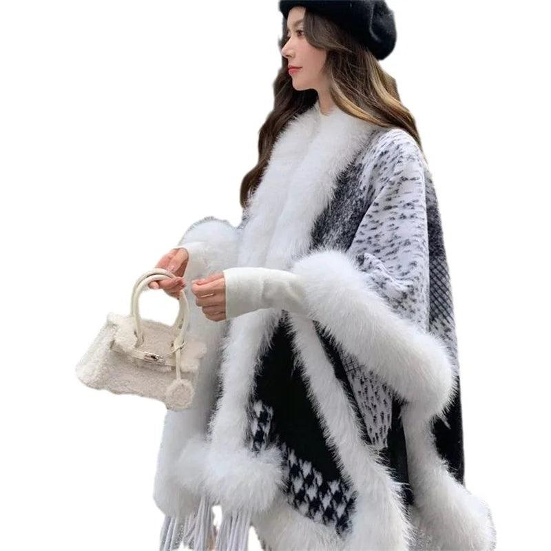 Women's Oversized Faux Fur Ball Velvet Cloak – Luxurious Winter Warm Poncho Cape - JVMCL