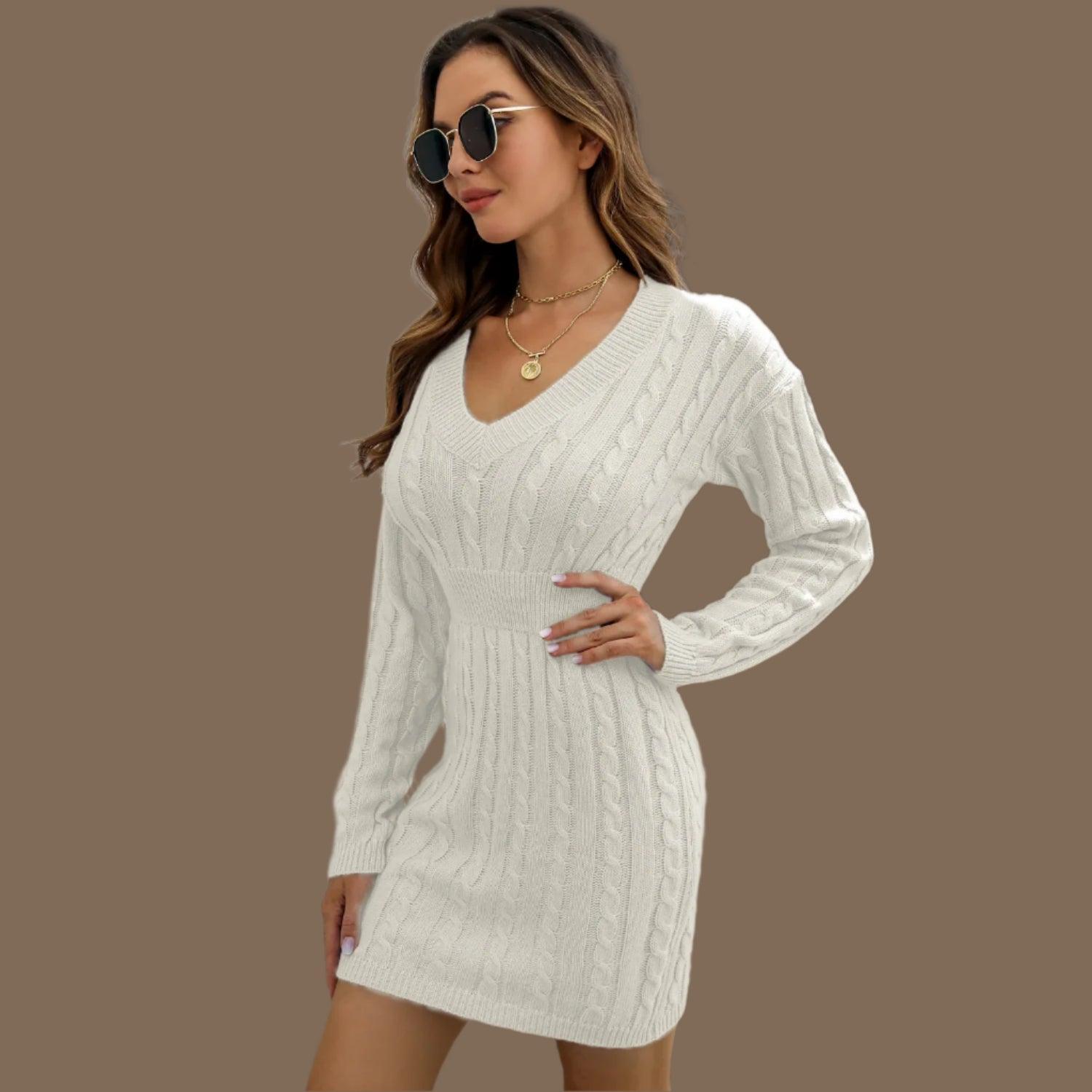 Knitted Solid Color V-neck Long-Sleeved Twist Waist Hip-Covering Sweater Dress - JVMCL