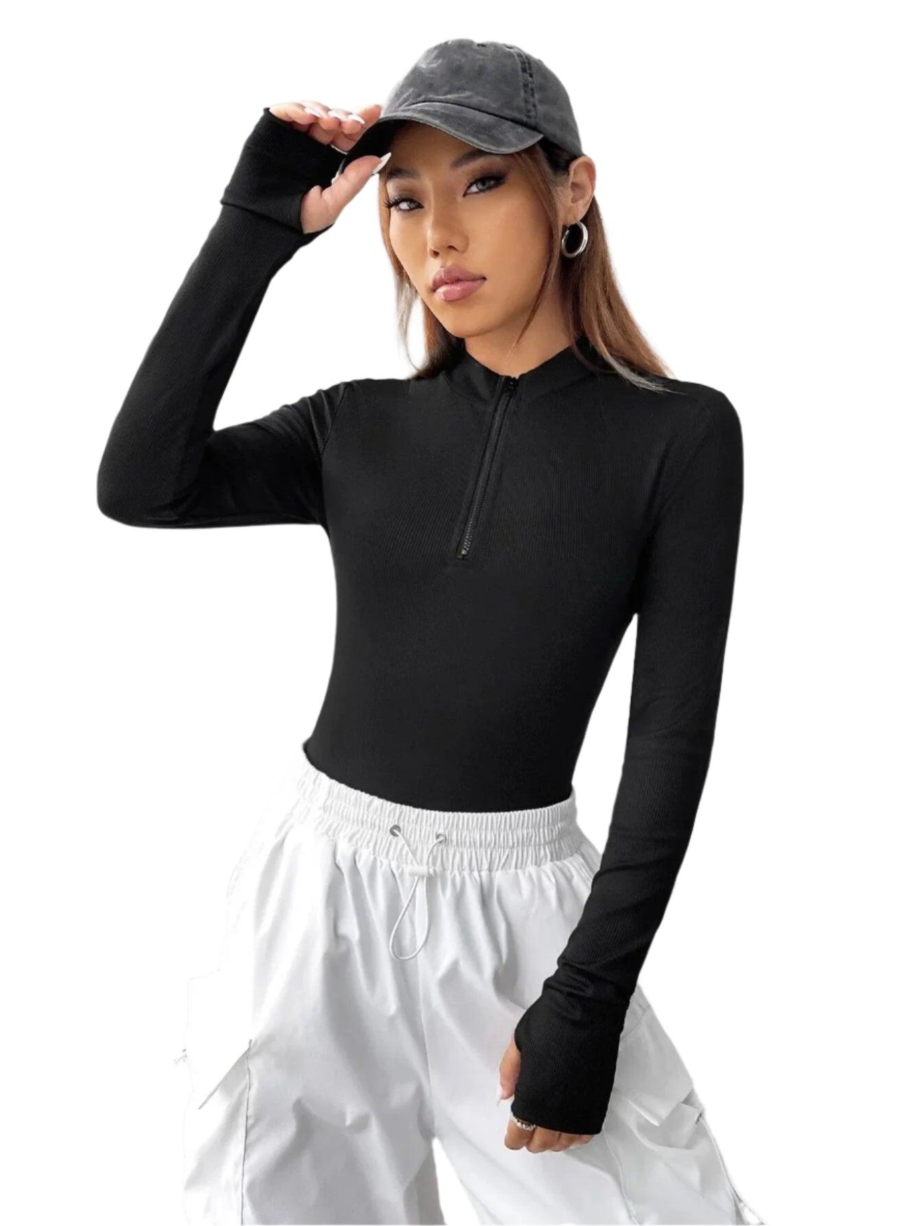 Women's Sexy, Black Ribbed Zipper Knitted Skinny Bodysuit - Long Sleeve Top - JVMCL