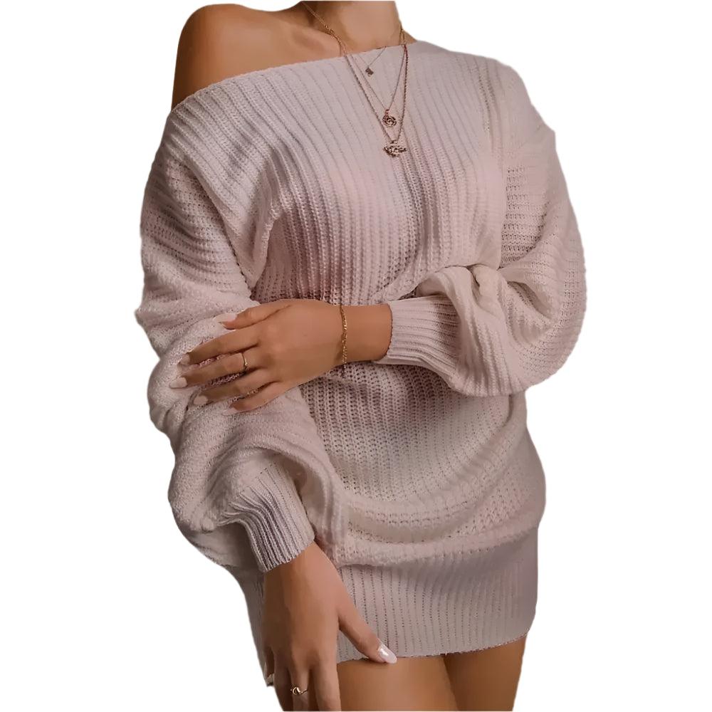 Women's Cold Shoulder Lantern Sleeve Mini Sweater Dress - Spring Fashion - JVMCL