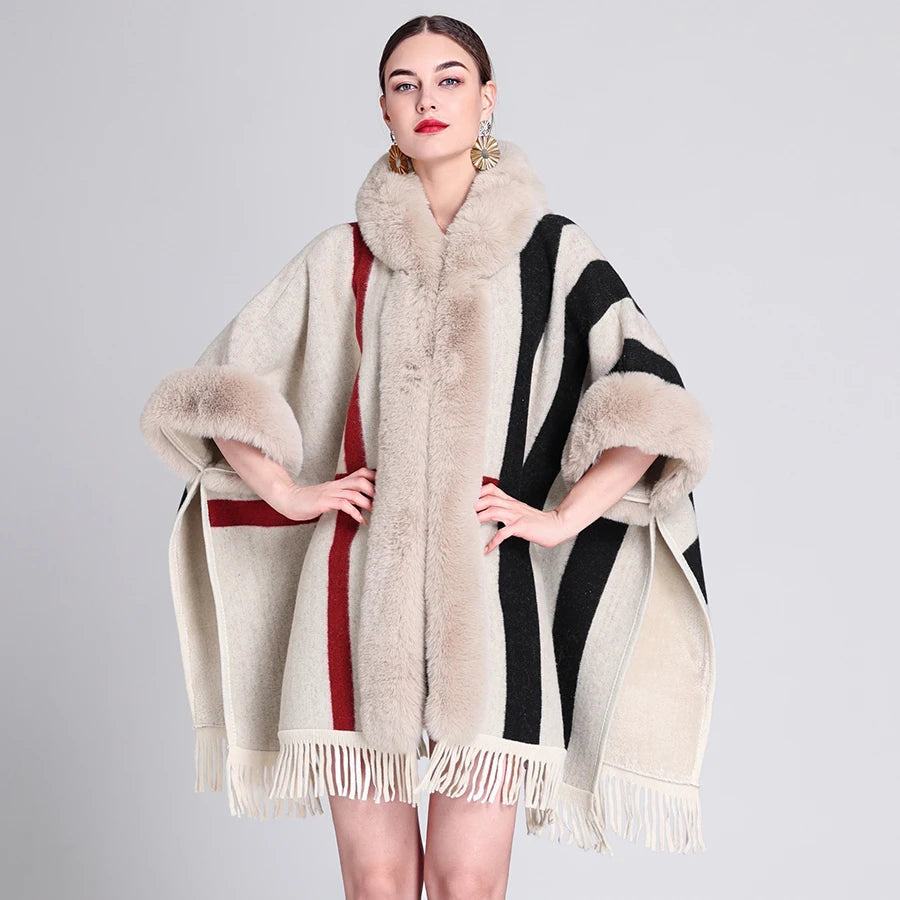 Luxury Women’s Faux Fur Wool Blend Cape Coat – Hooded Long Winter Cardigan Wrap - JVMCL