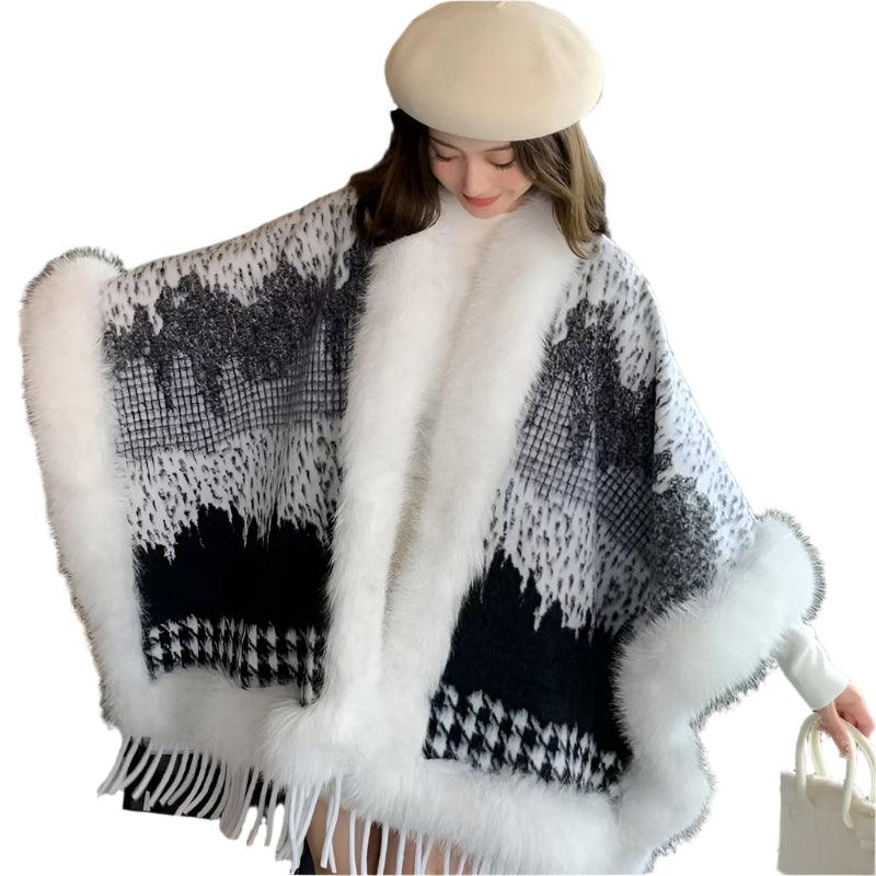 Women's Oversized Faux Fur Ball Velvet Cloak – Luxurious Winter Warm Poncho Cape - JVMCL