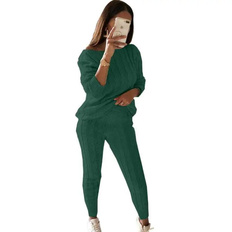 Women's Solid Color Knitted 2-Piece Set - Sweater Top & Pencil Pant - JVMCL