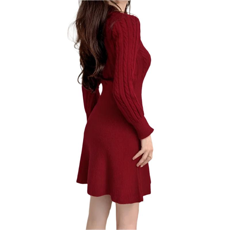 Chic Feminine Korea Winter Spring Women Office Lady O-Neck Knitted Sweater Dress - JVMCL