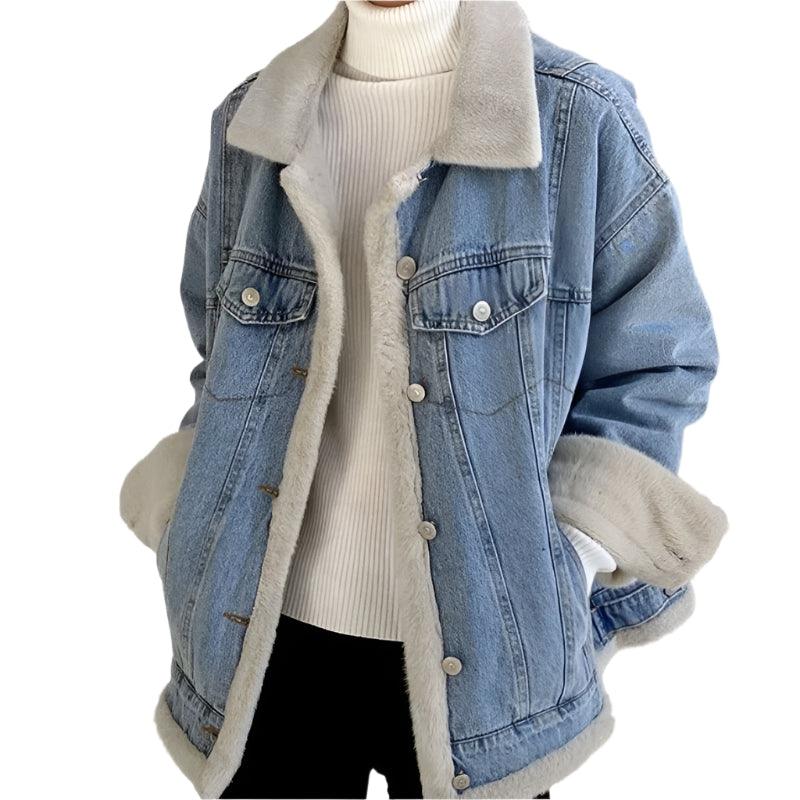 Women’s Winter Patchwork Padded Denim Jacket – Fur Plush Warm Jean Coat - JVMCL