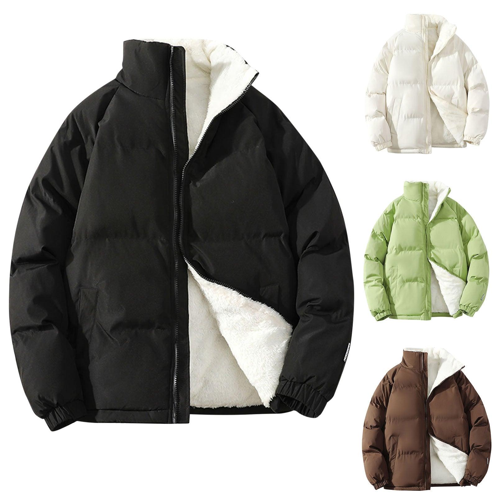 Men's Thick Padded Fleece Jacket: Loose Stand Collar Puffer Coat for Winter Wear - JVMCL