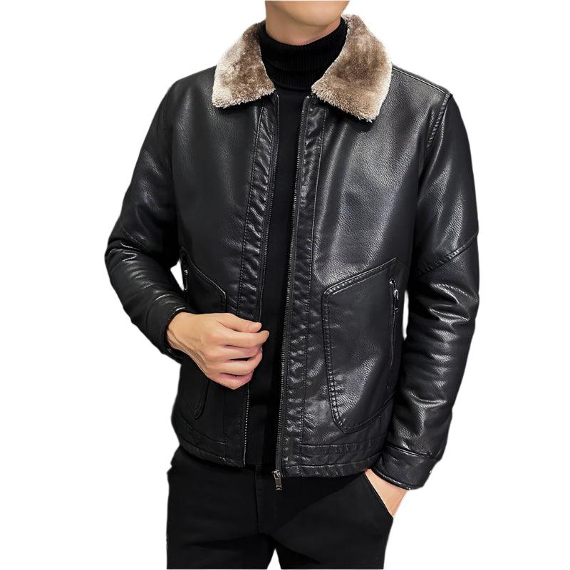 Men's Casual Motorcycle Windbreaker with Fur Collar Faux Leather Slim Fit Jacket - JVMCL