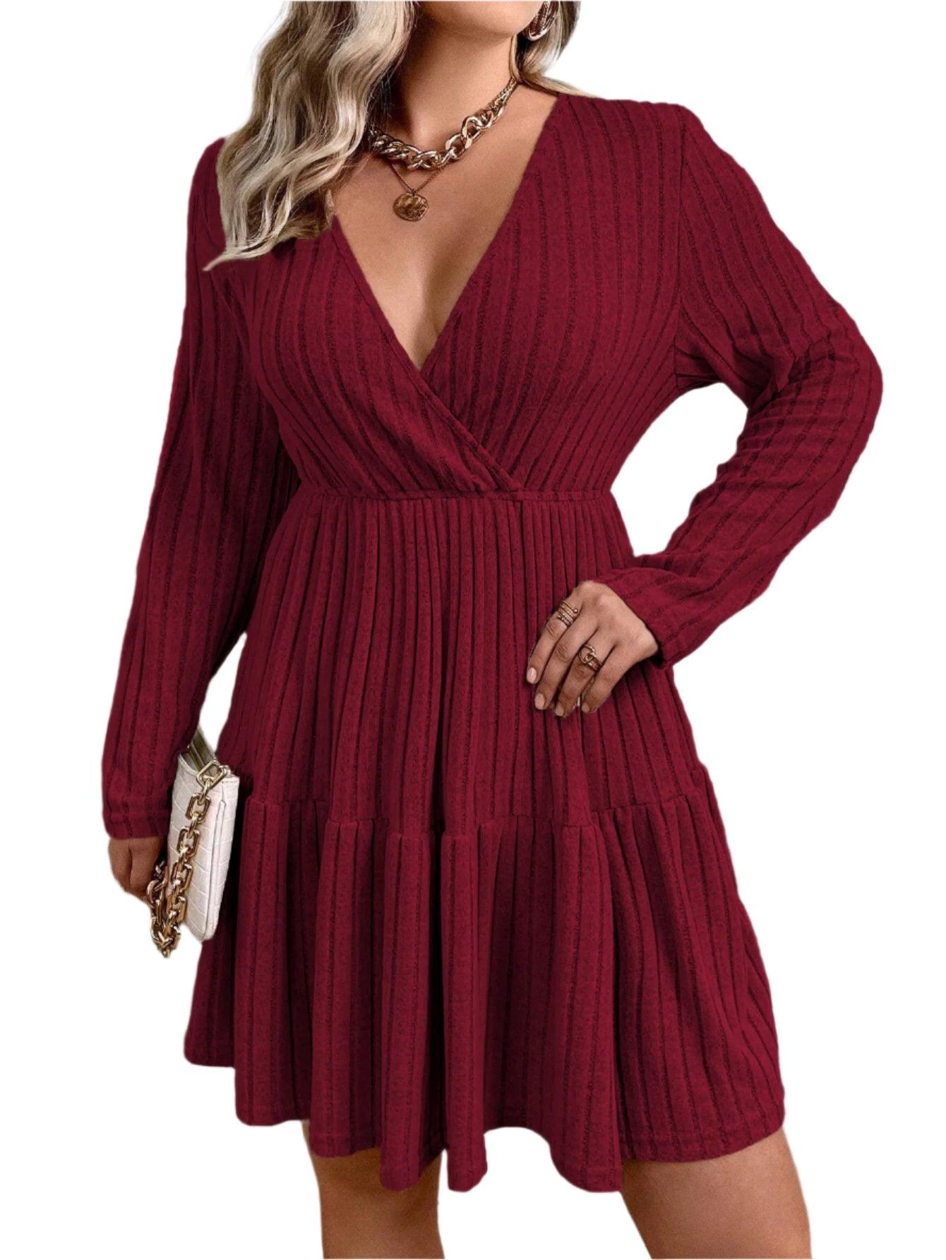 Winter Solid Plus Size Knitted Dress Women Casual V-Neck Long Sleeve Sweater Dress Ladies Elegant Large Pleated Short Dress - JVMCL