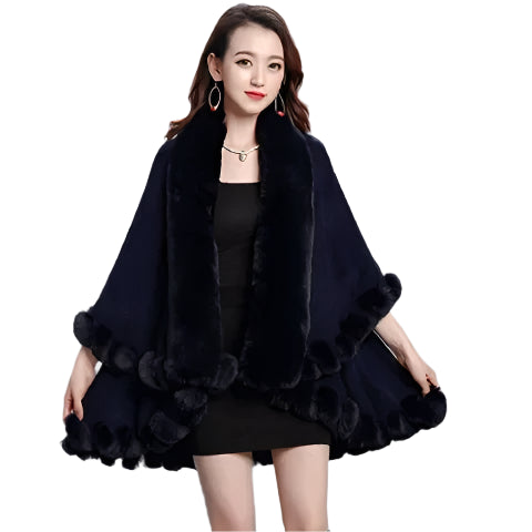 Women's Winter Knitted Poncho Cloak – Faux Rex Rabbit Fur Collar Pashmina Wrap