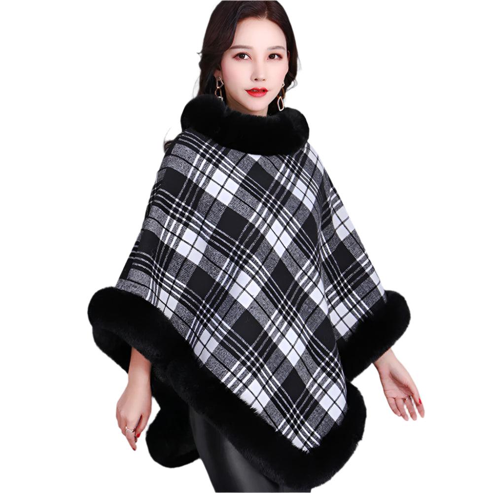 Party Outfit Grey Grid Winter Thick Warm Poncho with Faux Rabbit Fur Collar - JVMCL