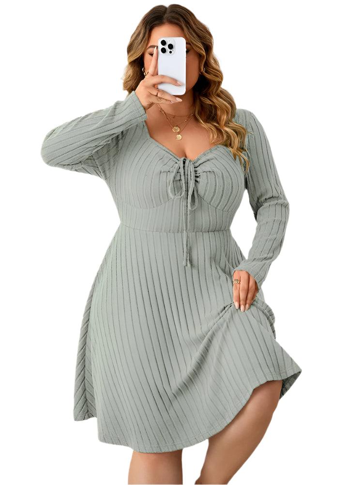 Long Sleeve Ribbed Plus Size Sweetheart Neck Knot Front A-Line Dress - JVMCL