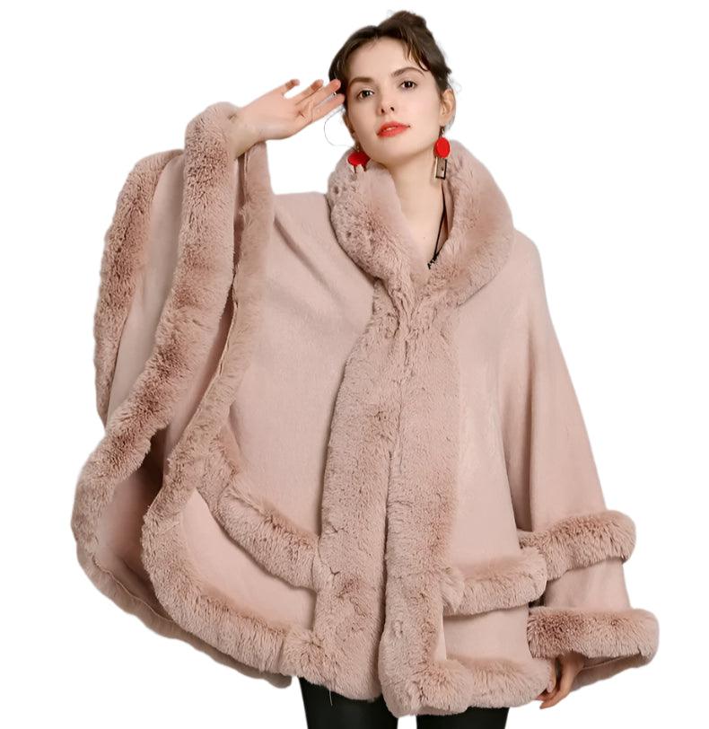 Double Layer Luxury Faux Rex Rabbit Fur Hooded Cape Knit Poncho Overcoat Wraps - JVMCL