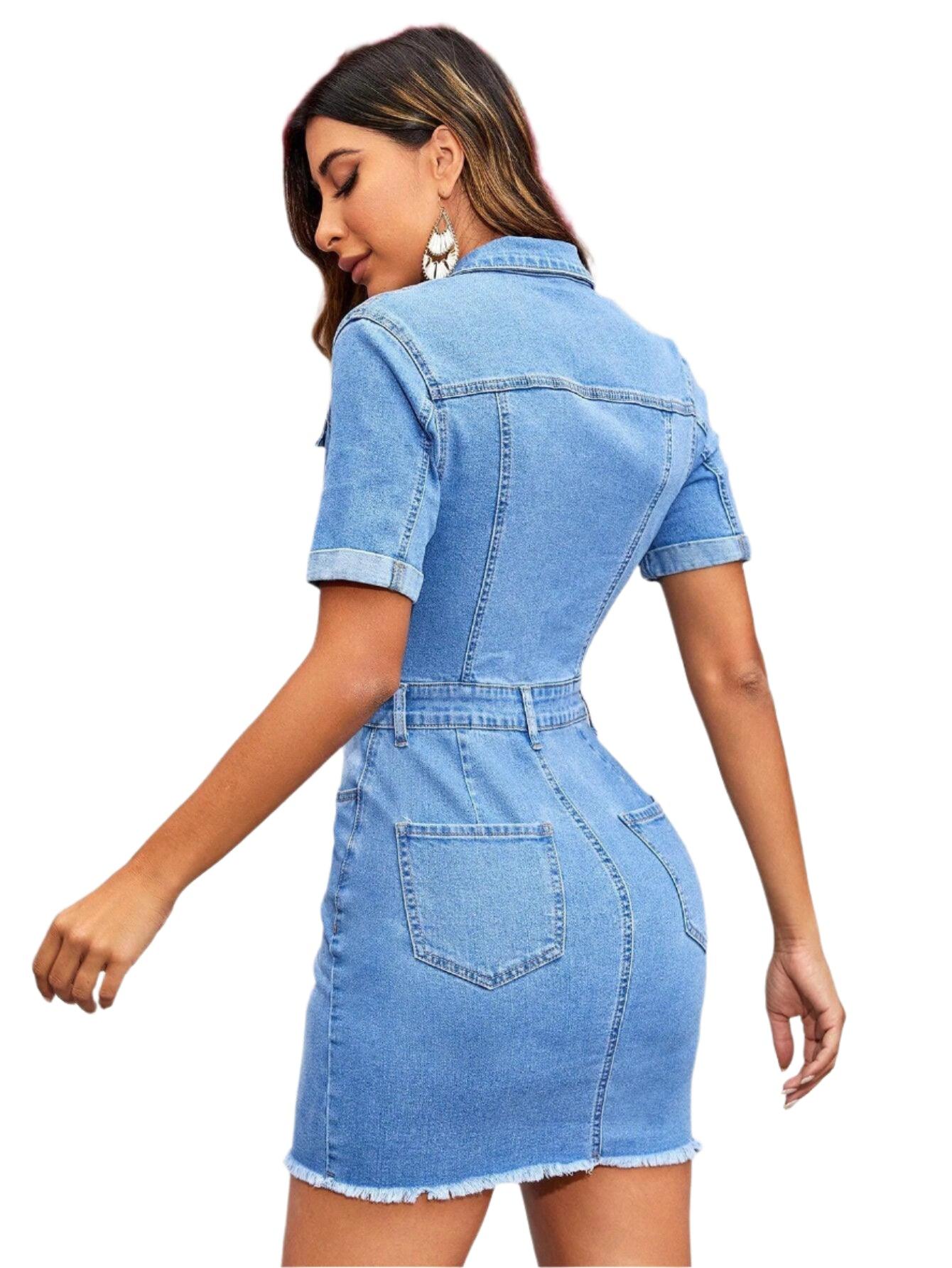 Denim Skater Dress - Fashion Sexy Turn Down Collar Bodycon Pencil Dress - JVMCL