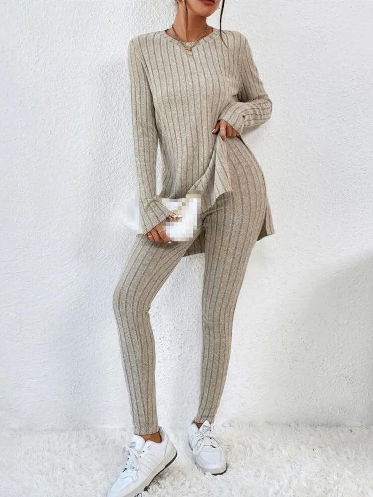 Women's Fashion Autumn Casual Set – Long Sleeve Split Shirt & High Waist Pants ✨ - JVMCL