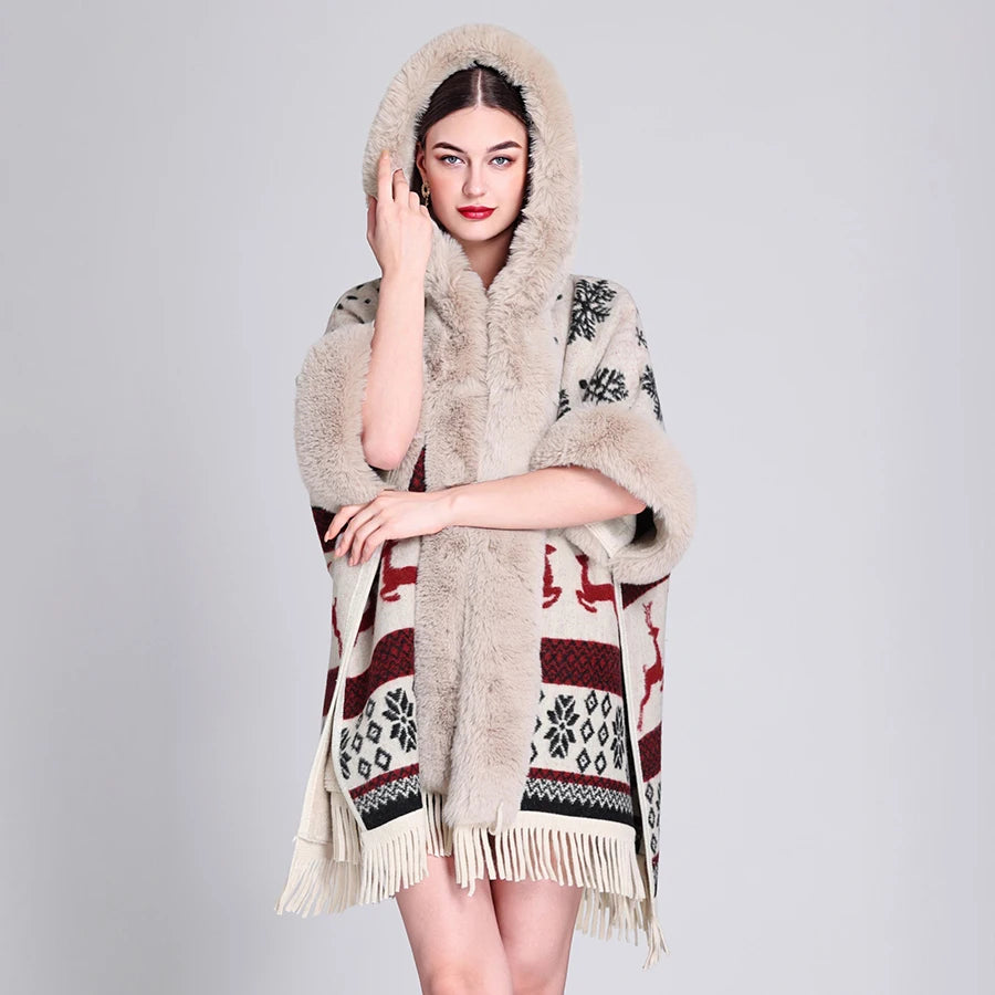 Luxury Women’s Faux Fur Wool Blend Cape Coat – Hooded Long Winter Cardigan Wrap - JVMCL