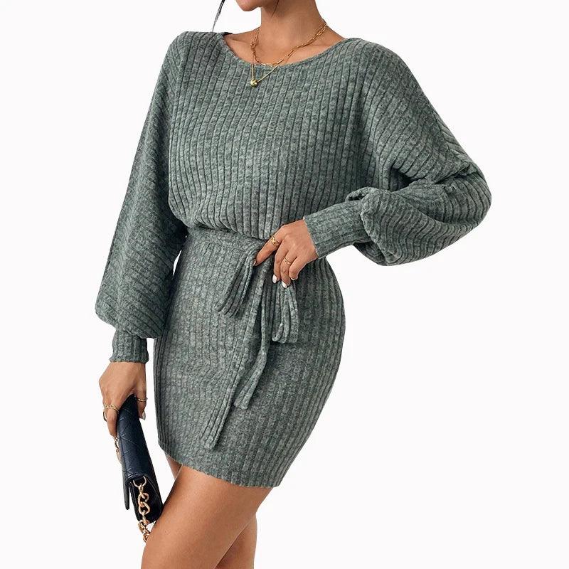 Fashion Round Neck Striped Green Lace Knit Striped Texture Bag Arm Dress - JVMCL