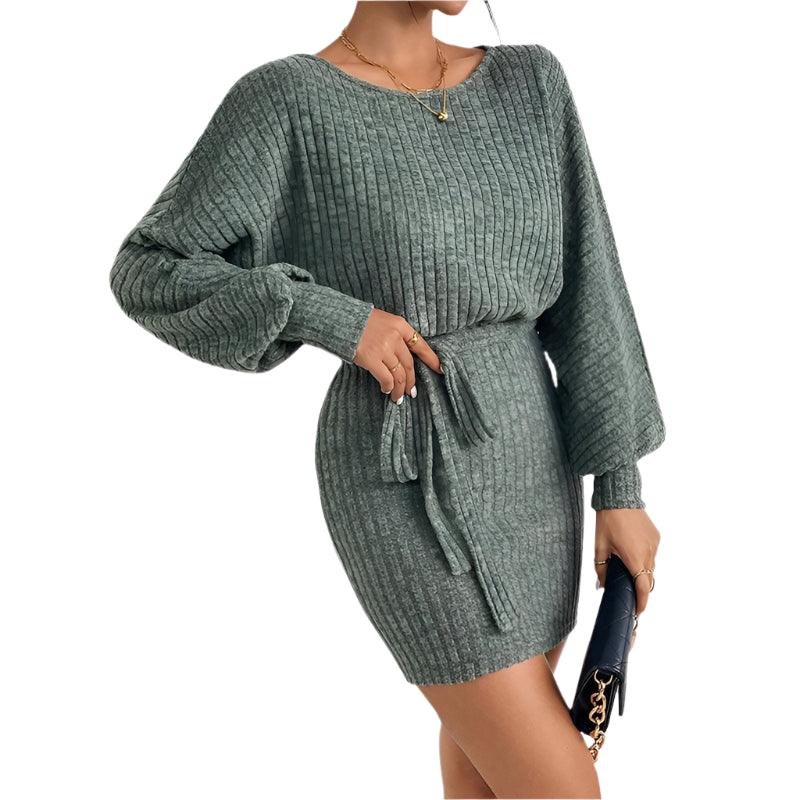 Fashion Round Neck Striped Green Lace Knit Solid Color Bag Arm Commuter Dress - JVMCL