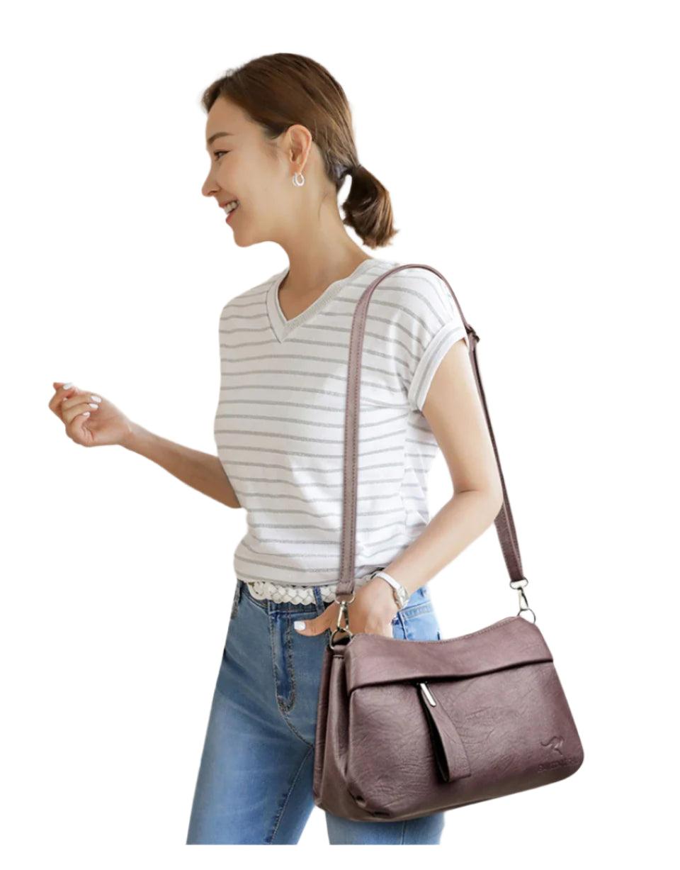 Embossed Kangaroo Logo 3 Compartments Style Leather Shoulder Bag Crossbody Bag - JVMCL