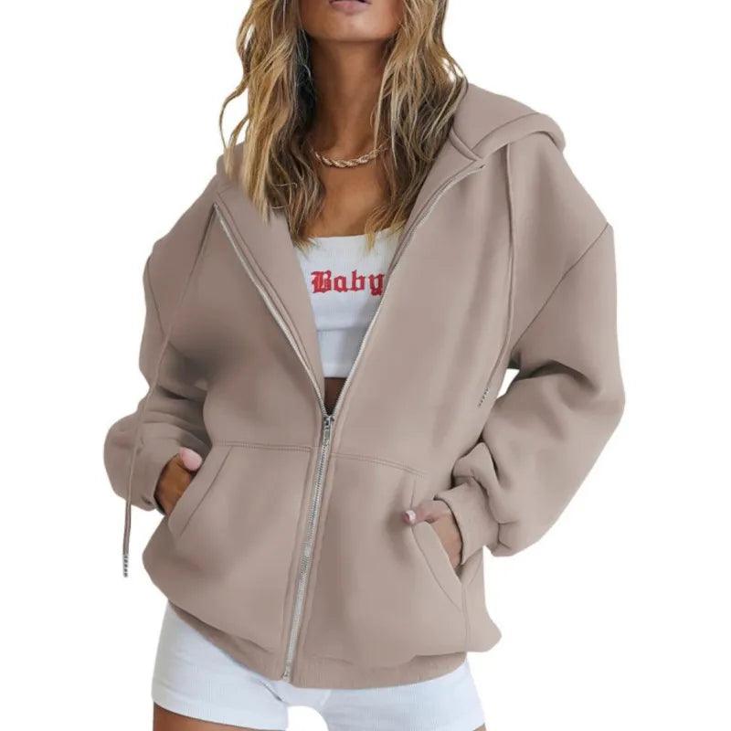 Women's Long Sleeve Solid Zip-Up Sweatshirt - Autumn/Winter Fashion Hoodie - JVMCL