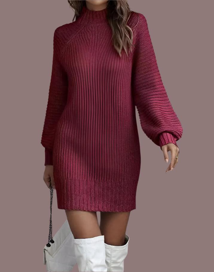 Office Lady Slim Fit Elegance Autumn/Winter High Neck Flare Sleeve Knit Dress - JVMCL