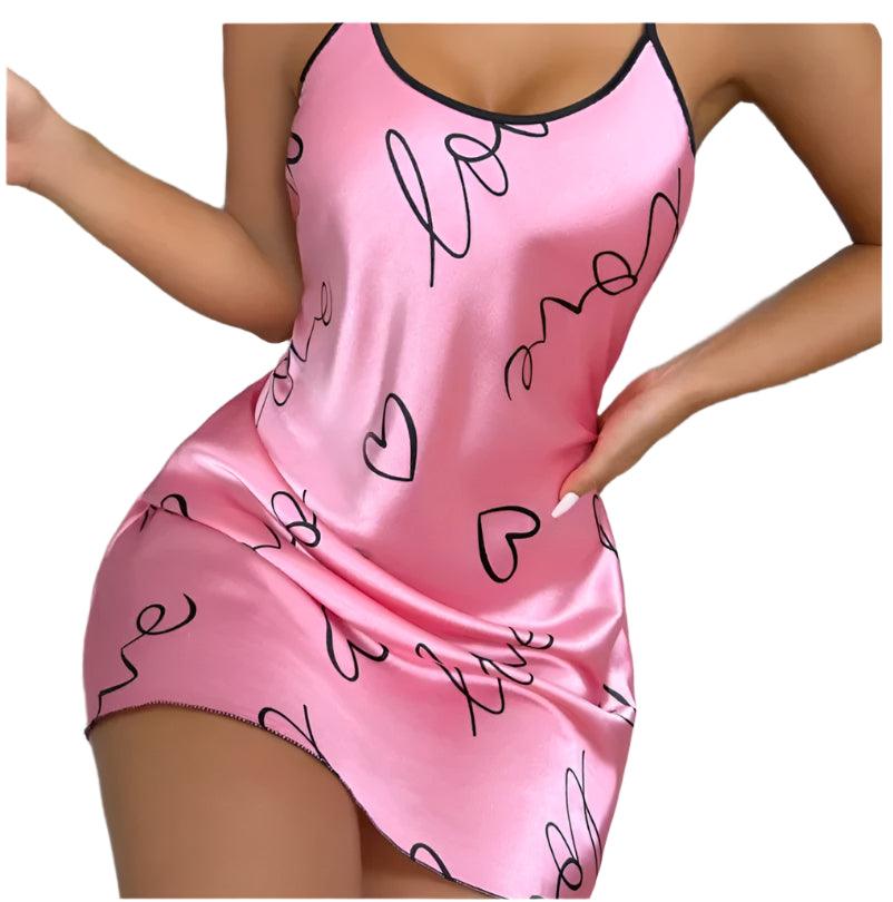 Heart Print Criss-Cross Back Nightdress - Elegant Scoop Neck Sleepwear for Women - JVMCL