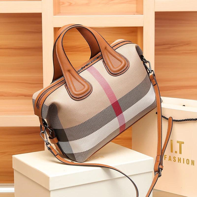 Luxury Plaid Canvas Boston Handbag – Designer Crossbody & Shoulder Bag for Women - JVMCL