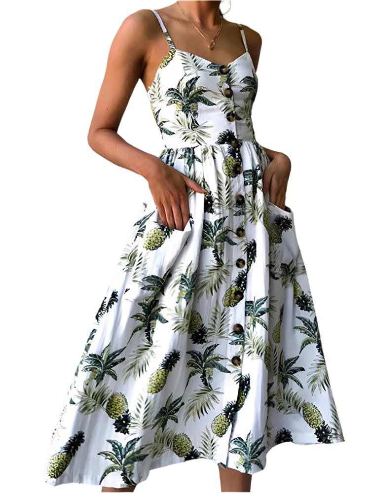 Elegance and Vintage Striped Floral Button-Up Boho Midi Sundress - JVMCL