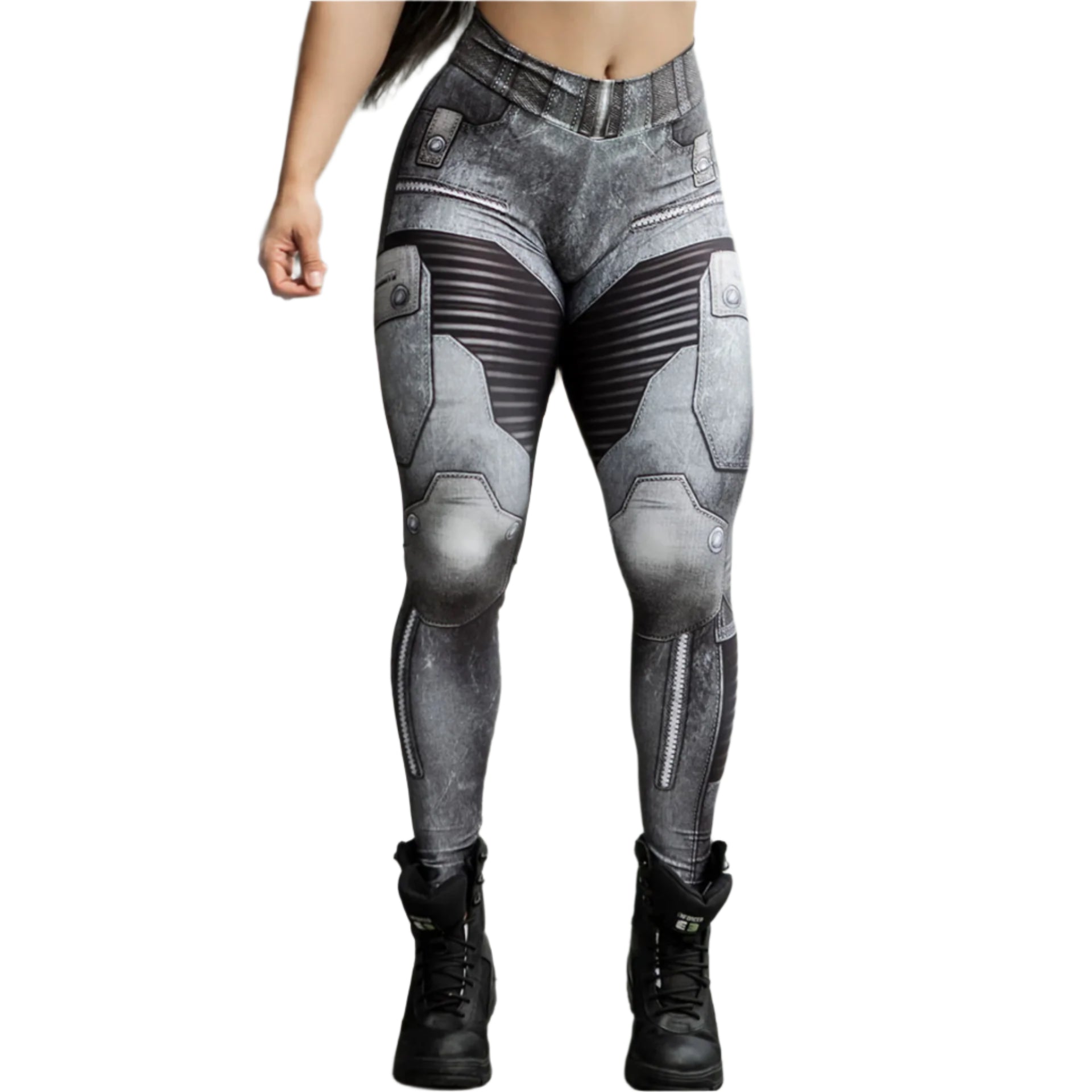 Zipper Denim Print High-Waist Push-Up Leggings – Stylish & Sporty Workout Tights - JVMCL