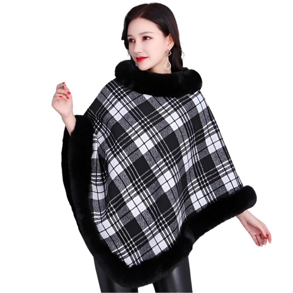 Party Outfit Grey Grid Winter Thick Warm Poncho with Faux Rabbit Fur Collar - JVMCL