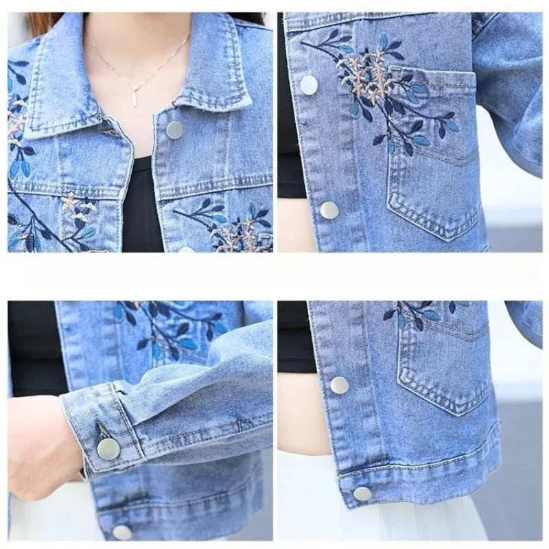 Women's Embroidered Denim Jacket – Stylish Preppy Loose-Fit Outerwear