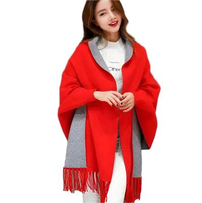 Autumn Winter Fashion Lady Tassel Knitted Shawl Sweater Women Solid Tassel Batwing Sleeve Poncho Cardigan wrap swing - JVMCL