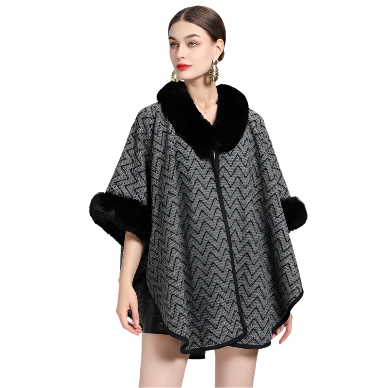 Winter Wave Striped Knit Faux Rabbit Fur Collar & Batwing Sleeves Poncho Cloak