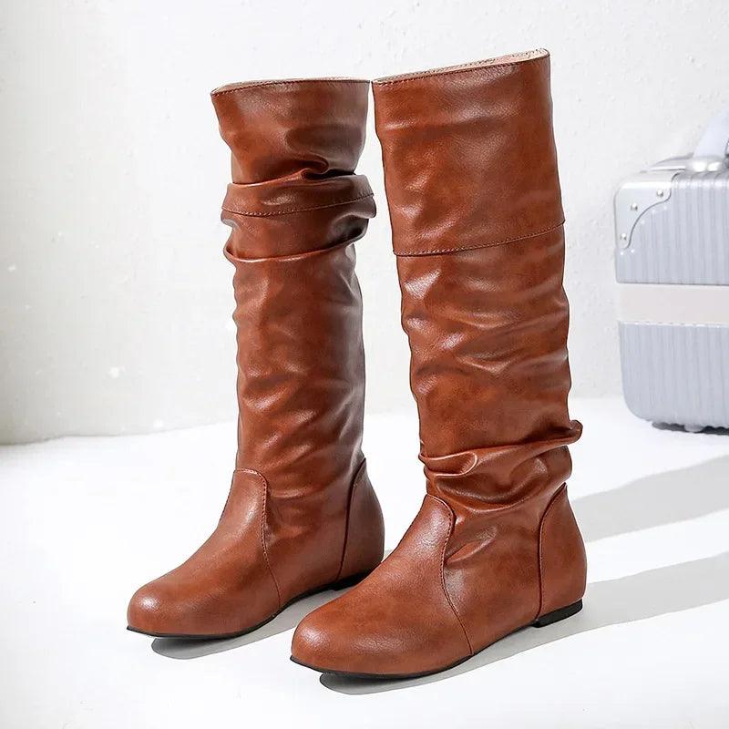 Women's Comfortable Fashion Pleated Long Mid-Calf Slip-On Winter Boots - JVMCL