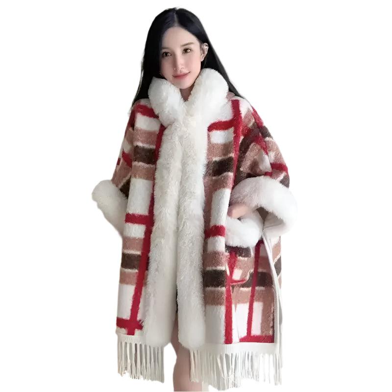 Hooded Overcoat Plaid Faux Lamb Fur Women’s Long Thick Velvet Poncho Cloak - JVMCL